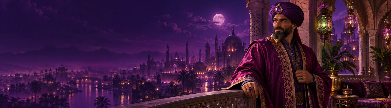 Sultan auf einem Palastbalkon ueber der Stadt bei Nacht